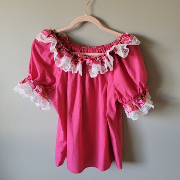 Vintage ruffled pink blouse lace and ribbon trim, Square Dancing Top - Picture 13 of 13